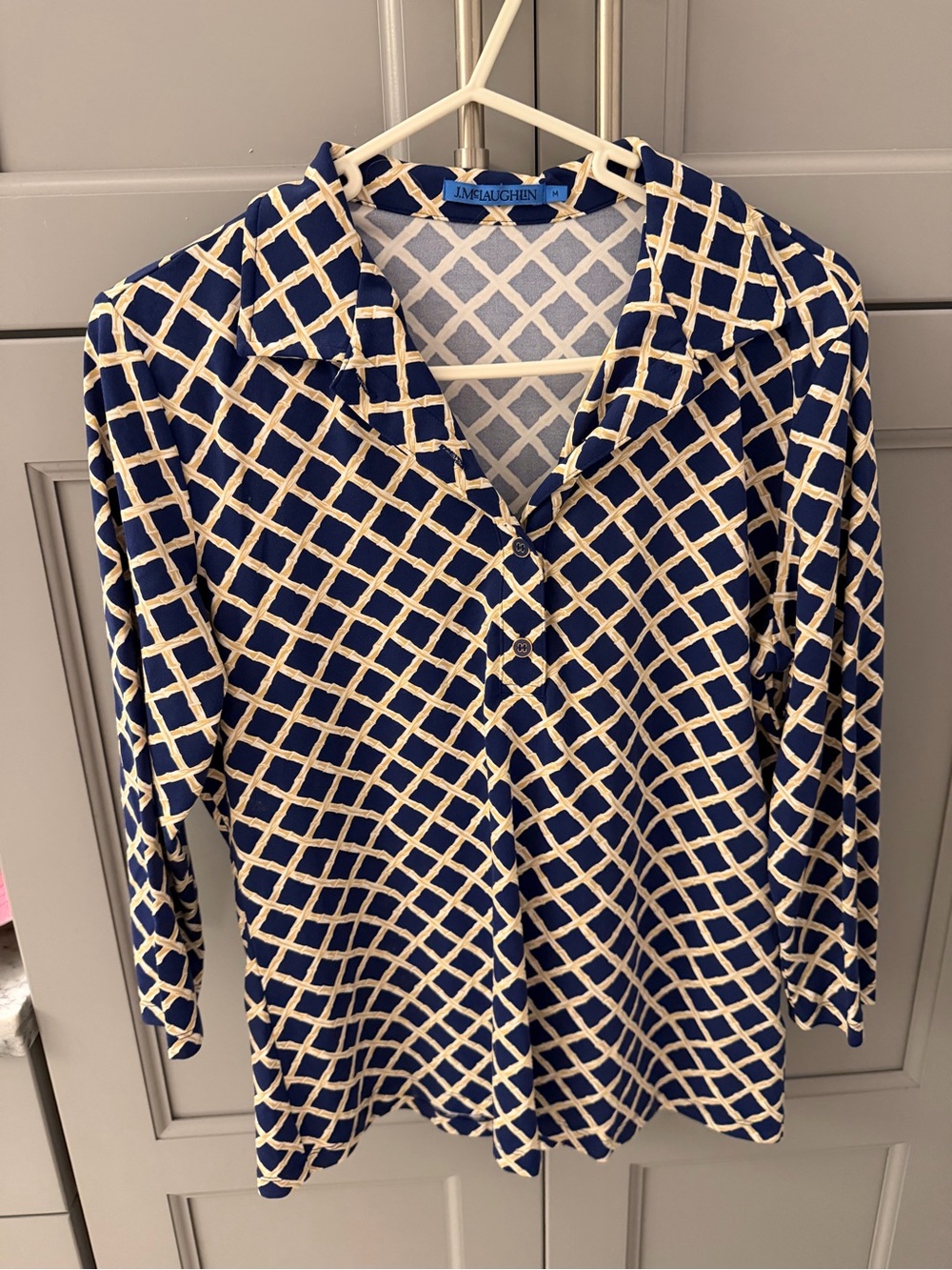 J. McLaughlin Navy & Cream Lattice Button-Front Long Sleeve Top